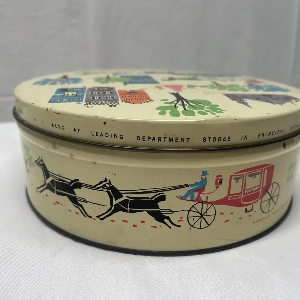Vintage 1959 BARTON’S Bonbonniere Mid Century Modern Round Candy Tin Colorful EC